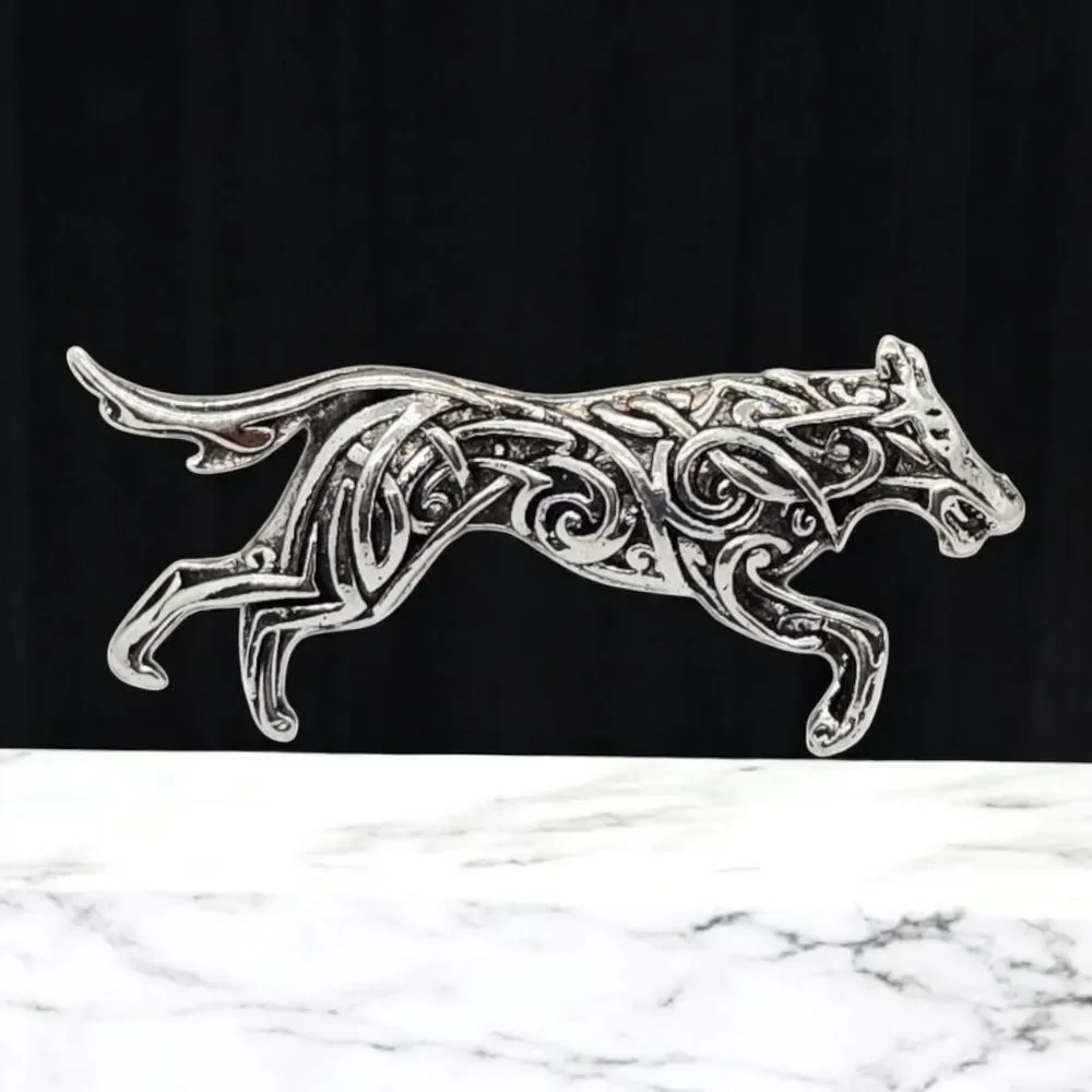 Silver Wolf Brooch Nordic Viking Celtic Animal Pin Nature Woodland Jewelry
